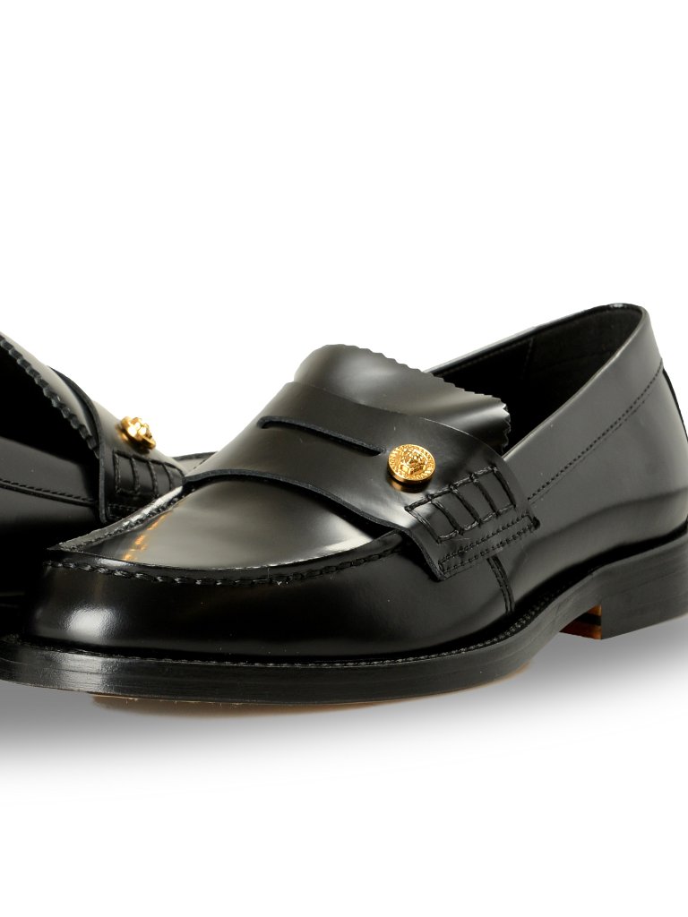 Versace Women's Black 100% Polished Leather College Loafers Shoes Us 8 It 38